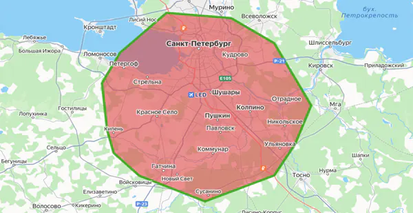 Карта выезда по пригородам Санкт‑Петербурга